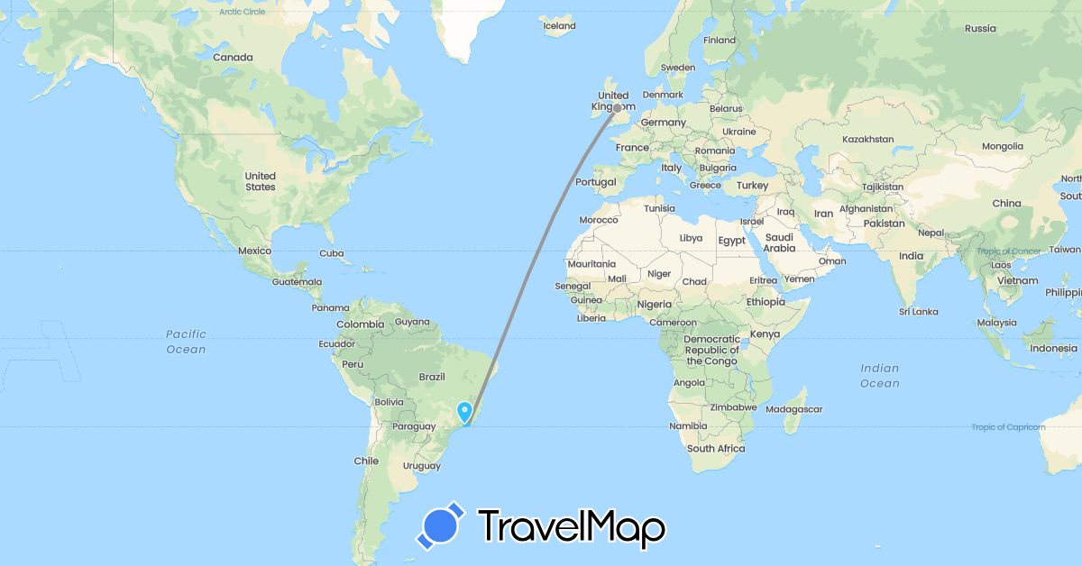 TravelMap itinerary: driving, plane, boat in Brazil, United Kingdom (Europe, South America)